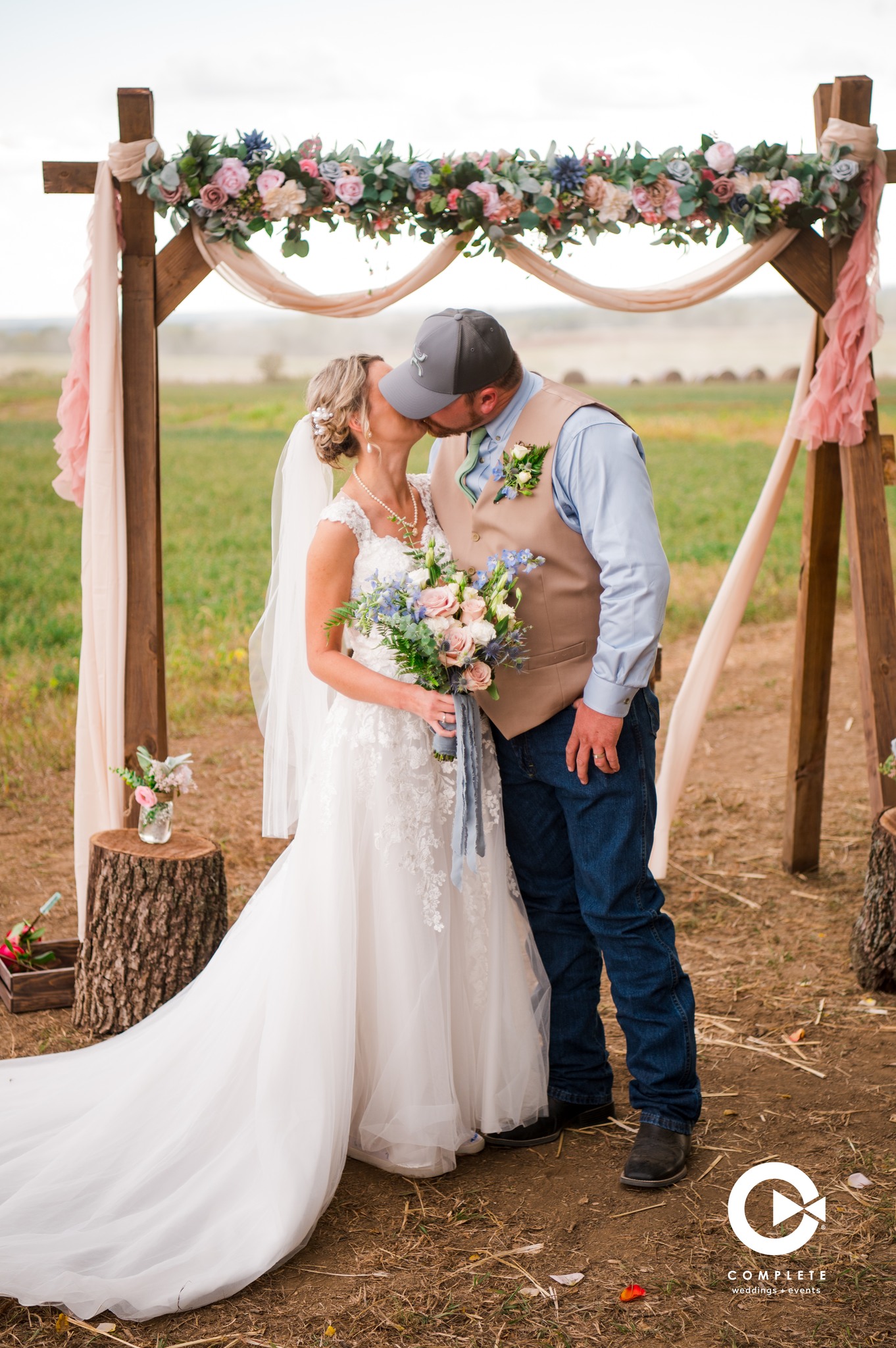 Bride and groom kissing
