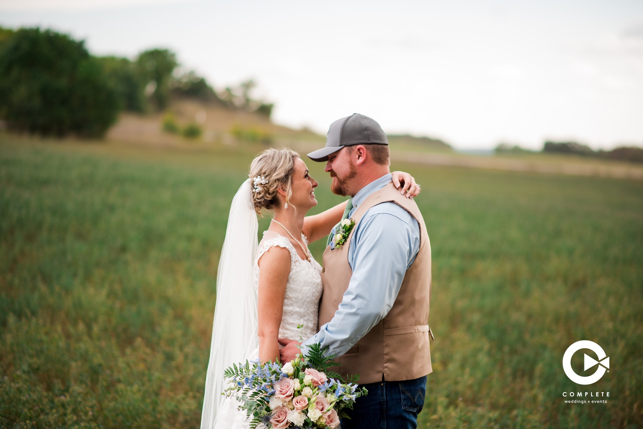 Bride and groom looking at each other