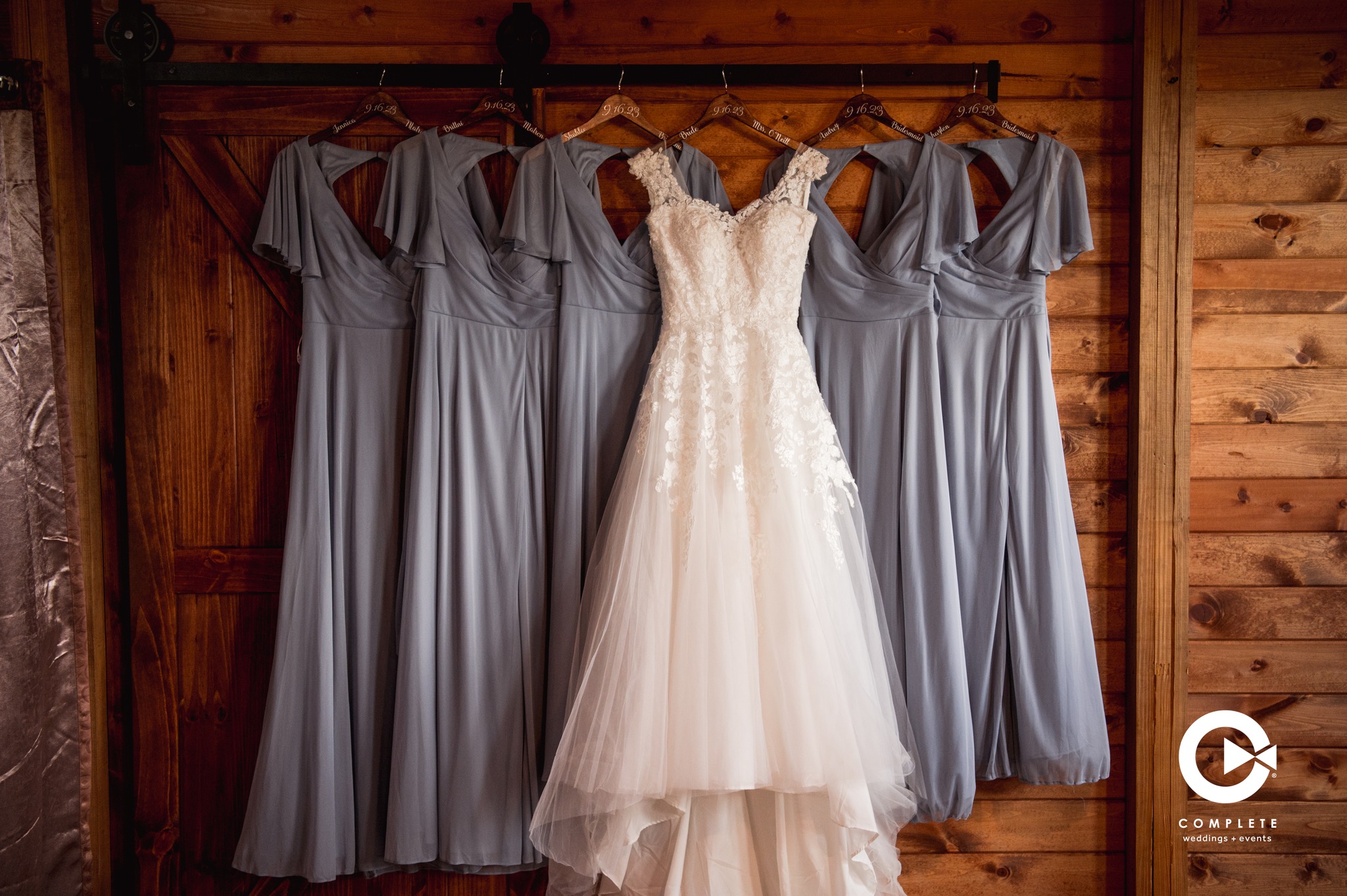 Bridesmaid and bride dresses hanging up